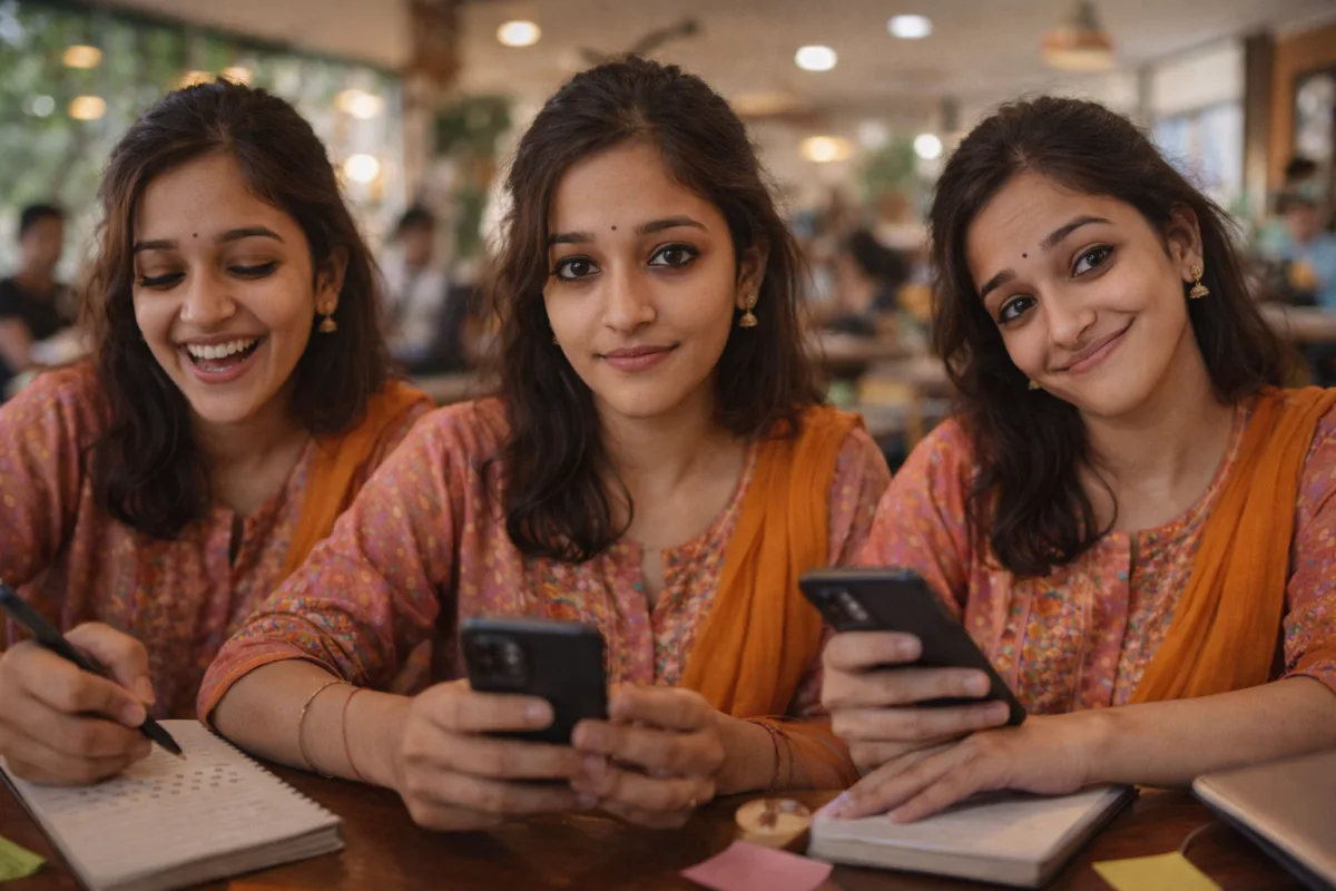 నోట్స్ రాస్తూ, ఫోన్ చూస్తూ, వివిధ భావాలతో కూర్చున్న ఒకే యువతి మూడు మూడ్స్‌లో కనిపిస్తున్న దృశ్యం