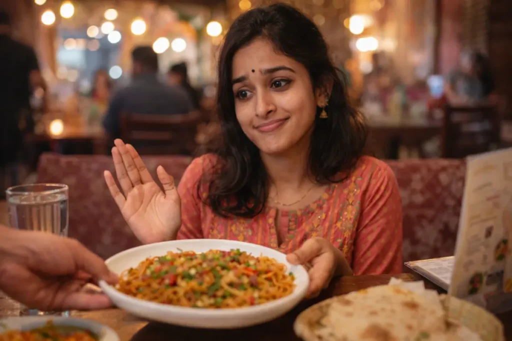 రెస్టారెంట్‌లో వడ్డించిన ఆహారాన్ని చేతితో తిరస్కరిస్తూ సంకోచంగా నవ్వుతున్న యువతి