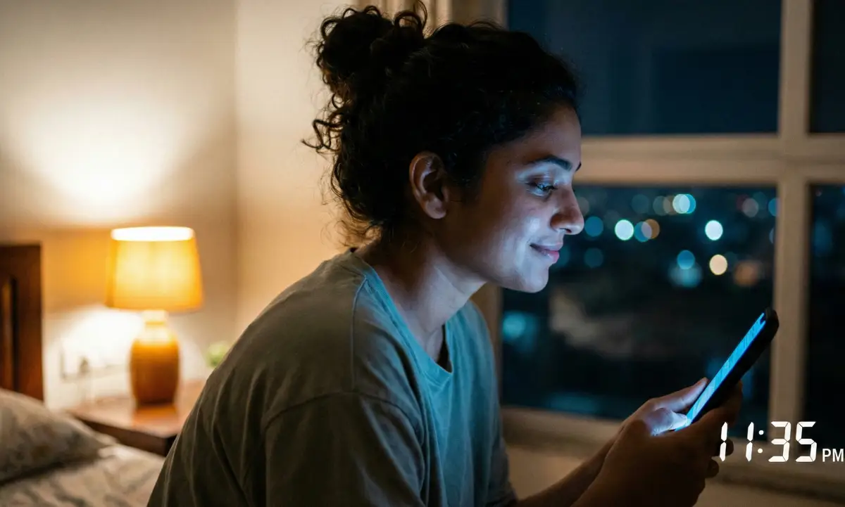 రాత్రి 11:35 సమయంలో కిటికీ పక్కన కూర్చుని, ఫోన్ వెలుతురులో నిశ్శబ్దంగా స్క్రీన్ చూస్తున్న యువతి