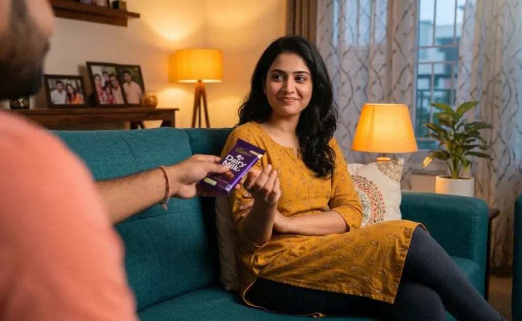 సోఫాపై కూర్చొని ఉండగా ఎవరో ఇచ్చిన చాక్లెట్ తీసుకుంటూ చిరునవ్వుతో చూస్తున్న యువతి.