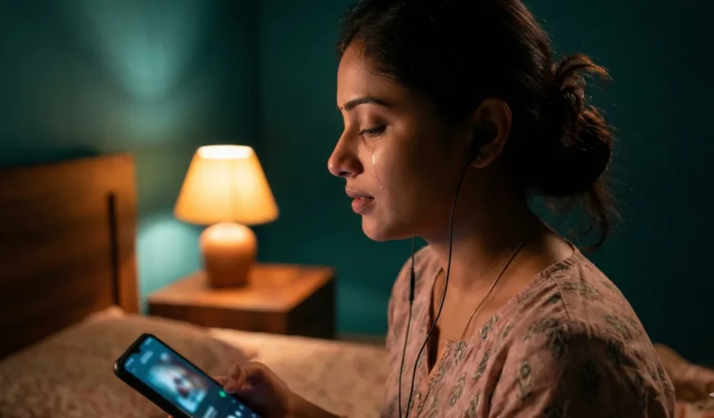 పడక గదిలో దీపం వెలుతురులో చెవిలో ఇయర్‌ఫోన్లు పెట్టుకుని, మొబైల్ చూస్తూ కంటతడి పెట్టుకుంటున్న మహిళ