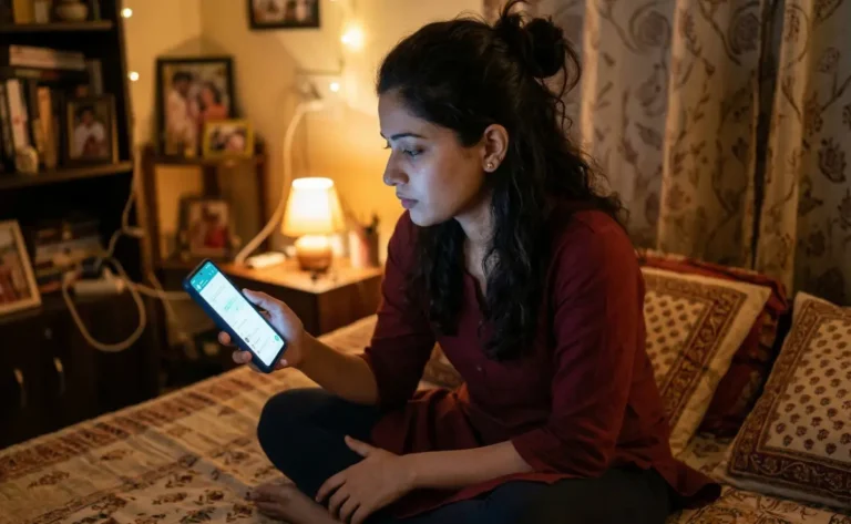 రాత్రి బెడ్‌పై కూర్చొని మొబైల్‌లో మెసేజ్ చదువుతూ నిశ్శబ్దంగా ఆలోచనలో పడిన యువతి.