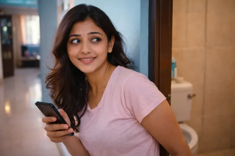 బాత్రూమ్ దగ్గర నిలబడి మొబైల్ పట్టుకుని, ఎవరో వస్తారేమో అన్నట్టు చుట్టూ చూసే యువతి.
