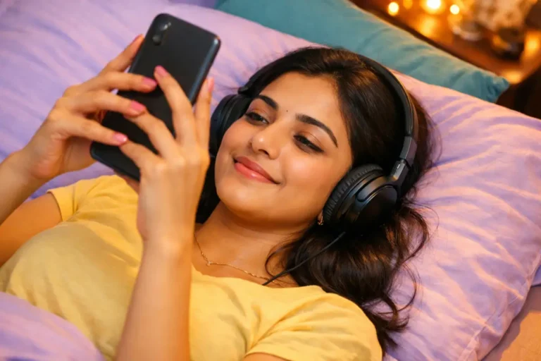 మంచంపై పడుకుని హెడ్‌ఫోన్స్ ధరించి, మొబైల్‌లో వీడియో చూస్తూ ఆనందంగా చిరునవ్వుతో ఉన్న యువతి