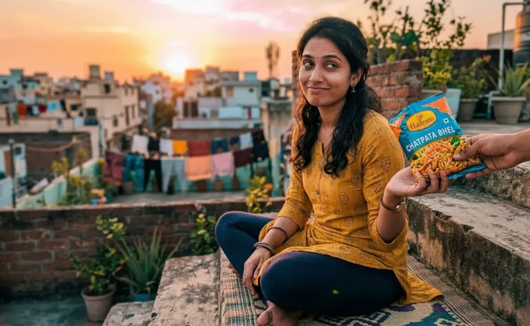 సాయంత్రం టెర్రస్‌పై కూర్చొని ఉండగా ఎవరో చేతిలో స్నాక్స్ ప్యాకెట్ ఇస్తే చిన్నగా నవ్వుతున్న యువతి.