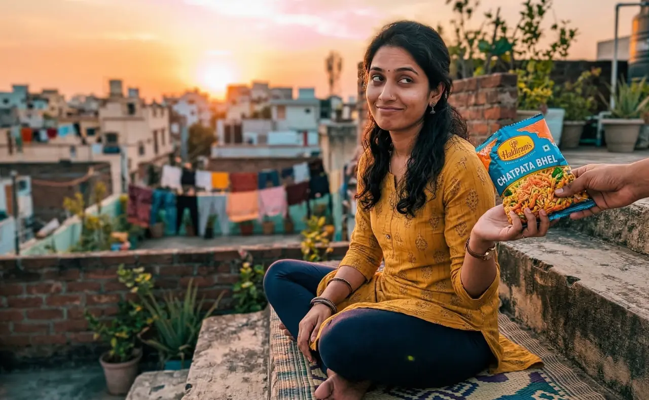 సాయంత్రం టెర్రస్‌పై కూర్చొని ఉండగా ఎవరో చేతిలో స్నాక్స్ ప్యాకెట్ ఇస్తే చిన్నగా నవ్వుతున్న యువతి.