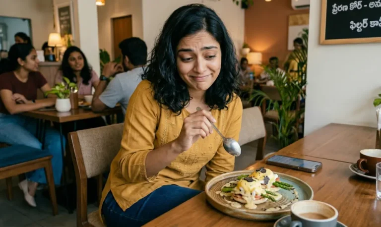 కేఫేలో ముందున్న వంటకాన్ని చూస్తూ ఆసక్తి లేకపోయినా తినేందుకు ప్రయత్నిస్తున్న యువతి