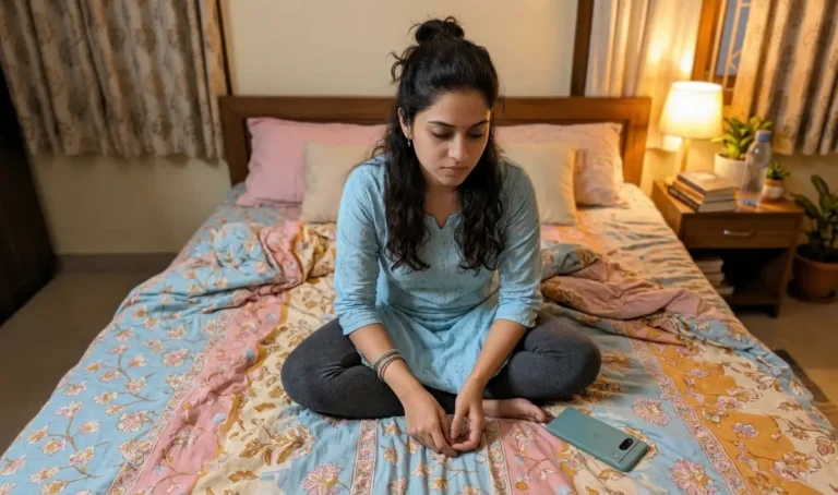 బెడ్‌పై కాళ్లు మడిచి కూర్చొని, పక్కనే మొబైల్ పెట్టుకుని ఆలోచనల్లో మునిగిపోయిన యువతి.
