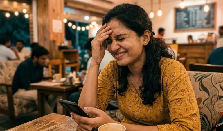 బాత్రూమ్ అద్దం ముందు కూర్చొని జుట్టు దువ్వుకుంటూ, ఏదో పాత జ్ఞాపకం గుర్తొచ్చినట్టు ఆలోచిస్తూ చిరునవ్వు పెట్టుకున్న యువతి.