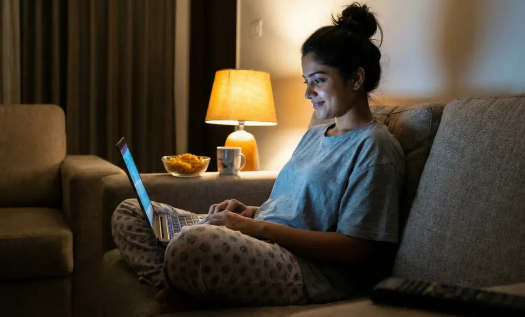 రాత్రి సోఫాపై కూర్చుని ల్యాప్‌టాప్‌లో సీరీస్ చూస్తూ, పక్కనే టీ కప్పు మరియు స్నాక్స్ ఉన్న మహిళ