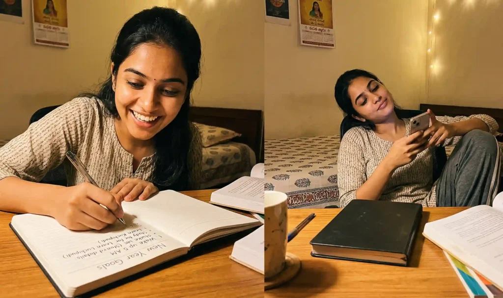 ఒక వైపు నోటుబుక్‌లో రాస్తూ ఫోకస్‌గా ఉన్న యువతి, మరోవైపు ఫోన్‌లో స్క్రోల్ చేస్తూ దృష్టి చెదిరిన అదే యువతి