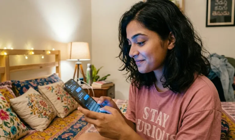 మంచం మీద కూర్చొని మొబైల్‌లో మెసేజ్ టైప్ చేస్తూ స్వల్పంగా నవ్వుతున్న యువతి