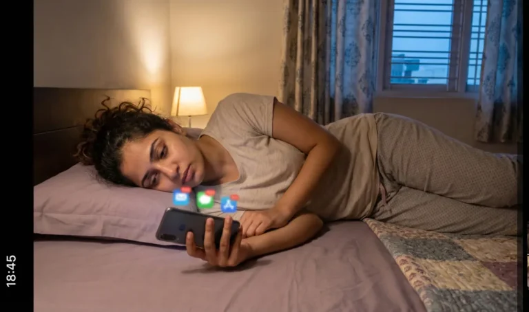 సాయంత్రం సమయంలో మంచంపై పక్కగా పడుకుని, చేతిలో మొబైల్ పట్టుకుని అలసిన చూపుతో స్క్రీన్‌ను చూస్తున్న యువతి