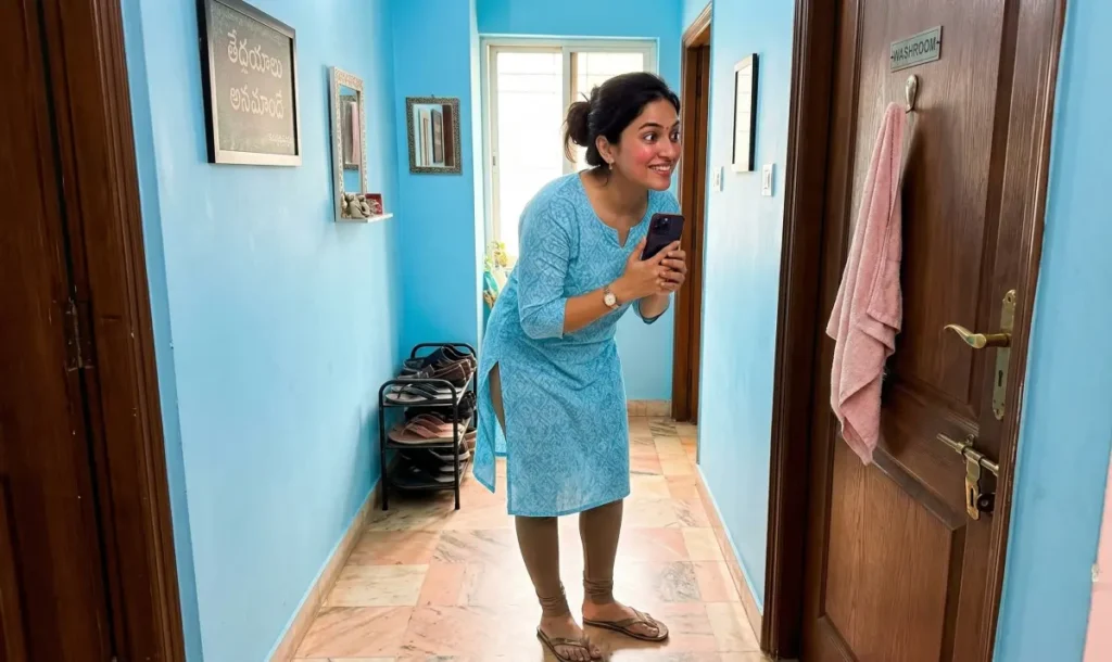 ఇంటి కారిడార్లో నిలబడి మొబైల్ పట్టుకుని, ఎవరికో కాల్ చేయడానికి ముందు ఉత్కంఠగా ఎదురుచూస్తున్న యువతి.