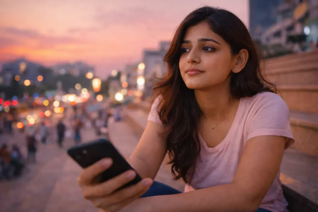 సాయంత్రం నగరాన్ని చూస్తూ మొబైల్ పట్టుకుని, ఎవరి రిప్లై కోసం ఎదురు చూస్తున్నట్టుగా ఉన్న యువతి.