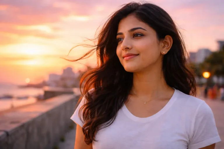 సూర్యాస్తమయం వెలుగులో సముద్రతీరానికి సమీపంగా నిలబడి, దూరాన్ని చూసుకుంటూ మృదువుగా చిరునవ్వు చిందిస్తున్న యువతి