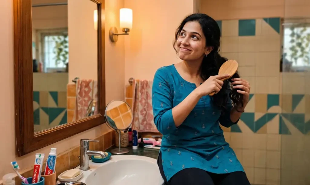 కేఫేలో కూర్చొని మొబైల్ చూస్తూ, పాత విషయం గుర్తొచ్చినట్టుగా నుదిటిపై చేయి పెట్టుకుని ఇబ్బందిగా నవ్వుతున్న యువతి.