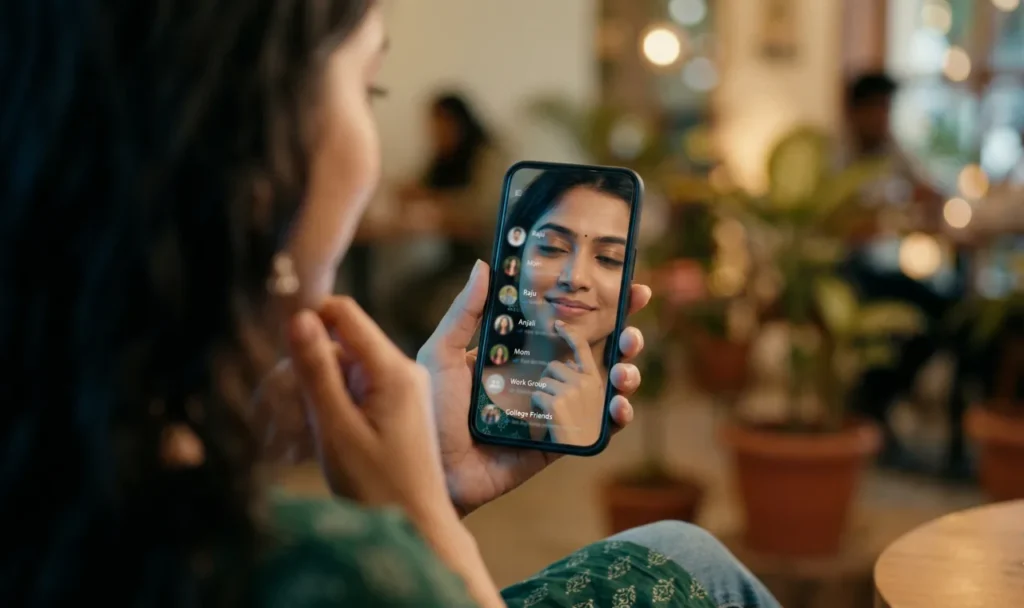 మొబైల్ స్క్రీన్‌లో కాంటాక్ట్స్ చూస్తూ, ఎవరికీ కాల్ చేయాలో ఆలోచిస్తూ ఉన్న యువతి