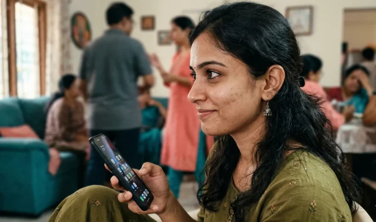 ఇంట్లో కుటుంబ సభ్యులు మాట్లాడుకుంటున్న సమయంలో, మొబైల్ ఫోన్ పట్టుకుని ఆలోచనల్లో మునిగిపోయిన యువతి.