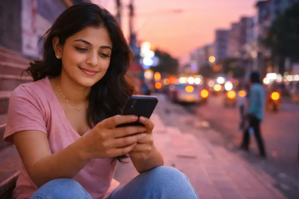 సాయంత్రం ట్రాఫిక్ వెలుగుల మధ్య రోడ్డు పక్కన కూర్చొని మొబైల్‌లో మునిగిపోయి చిరునవ్వు చిందిస్తున్న అమ్మాయి