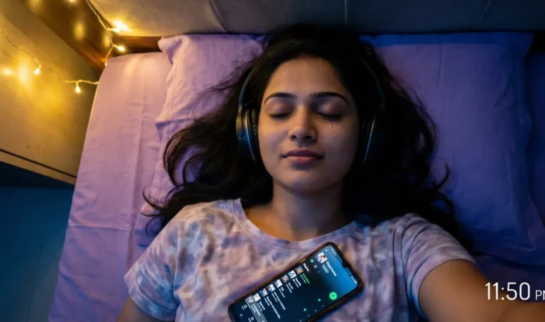 రాత్రి 11:50 సమయంలో మంచంపై హెడ్‌ఫోన్లు పెట్టుకుని, ఫోన్‌లో పాటల ప్లేలిస్ట్ వినుతూ కళ్లను మూసుకున్న యువతి