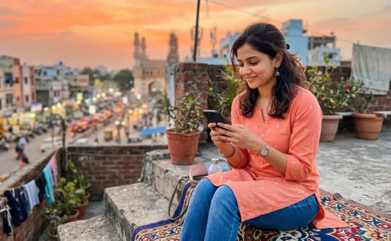 సాయంత్రం సూర్యాస్తమయం సమయంలో టెర్రస్‌పై కూర్చొని మొబైల్ చూస్తూ మెసేజ్ చదివి నవ్వుతున్న యువతి.