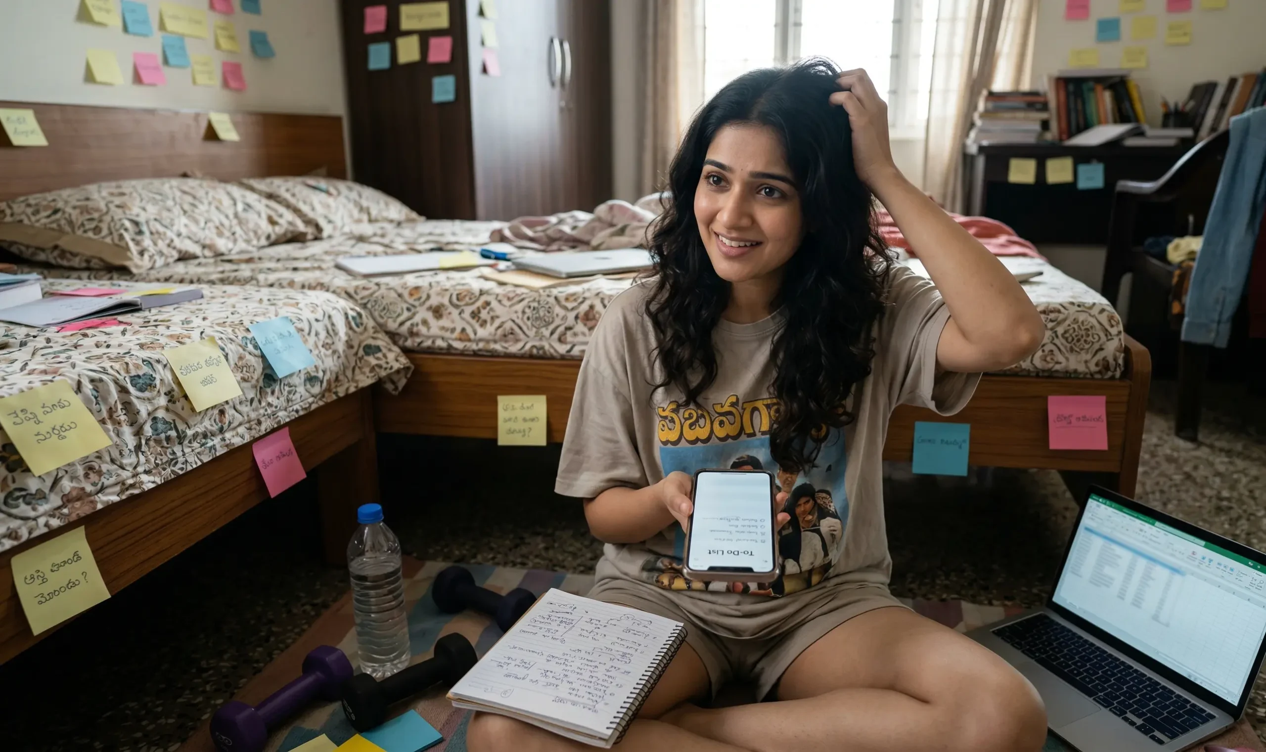 స్టికీ నోట్స్, నోటుబుక్, ల్యాప్‌టాప్ మధ్య కూర్చొని ఫోన్ చూస్తూ గందరగోళంగా తల గోక్కుంటున్న యువతి