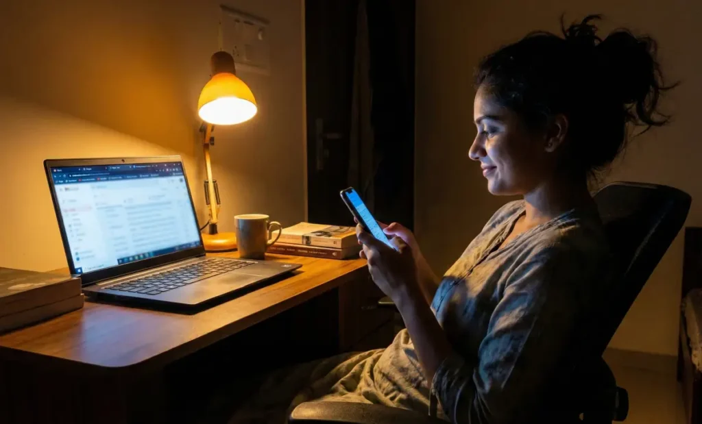డెస్క్ ల్యాంప్ వెలుతురులో ల్యాప్టాప్ పక్కన కూర్చుని, ఫోన్ స్క్రీన్లో మునిగిపోయి ప్రశాంతంగా చూసే మహిళ